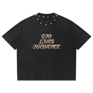 “GOD LOVES OBEDIENCE” Washed Boxy Studded T-Shirt