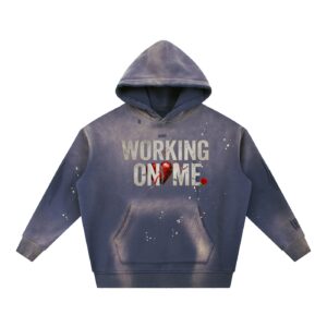 "WORKING ON ME" Vintage Washed Frayed Fleece Hoodie