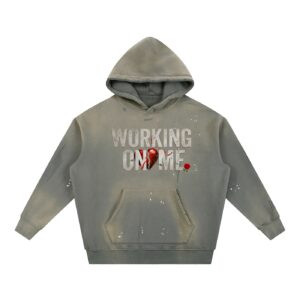 “WORKING ON ME” Vintage Washed Frayed Fleece Hoodie (FRONT)