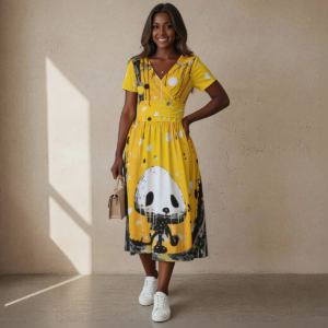 CG Apparel "Crazy Panda In The Drippy Woods" Printed Women's Short Sleeve V Neck Midi Dress